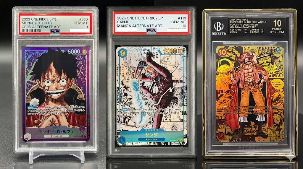 Cartas de One Piece TCG gradeadas por PSA y BGS en sus cápsulas protectoras