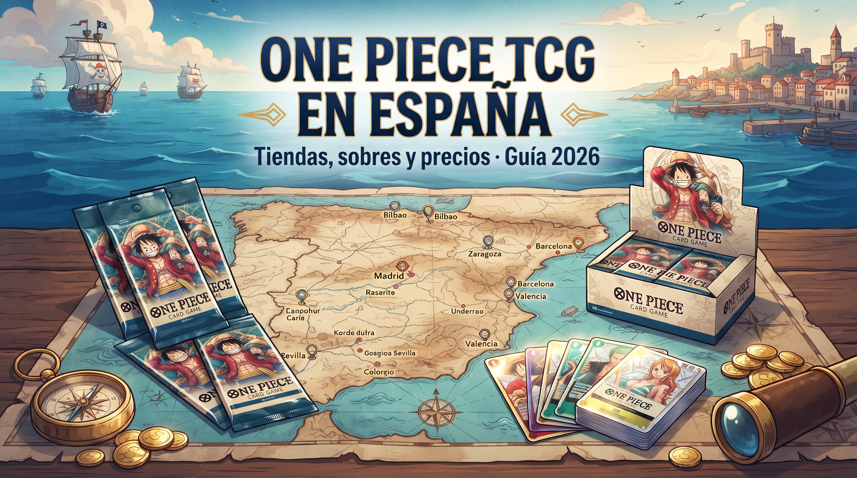 Tiendas de cartas y sobres de One Piece TCG en España con displays y mazos de inicio sobre una mesa de juego